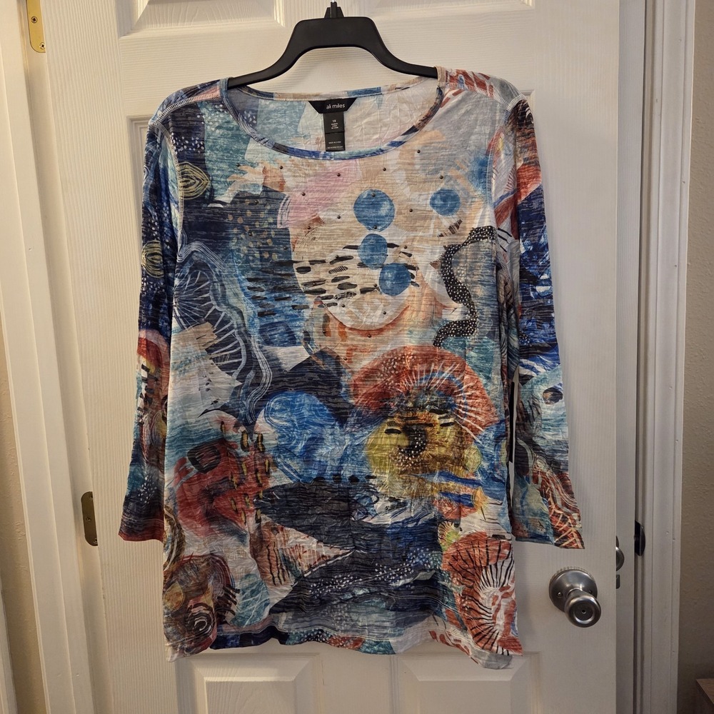Ali Miles Plus 1X Blue/beige abstract Print Artsy Art To Wear Tunic Top Crinkle